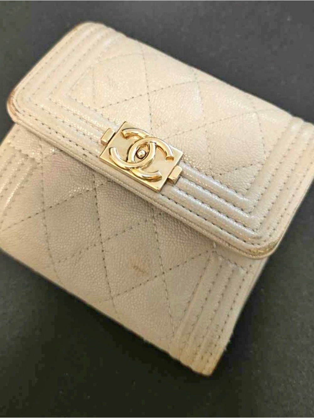 Authentic CHANEL Quilted Light Grey Small Wallet with Light Gold Hardware